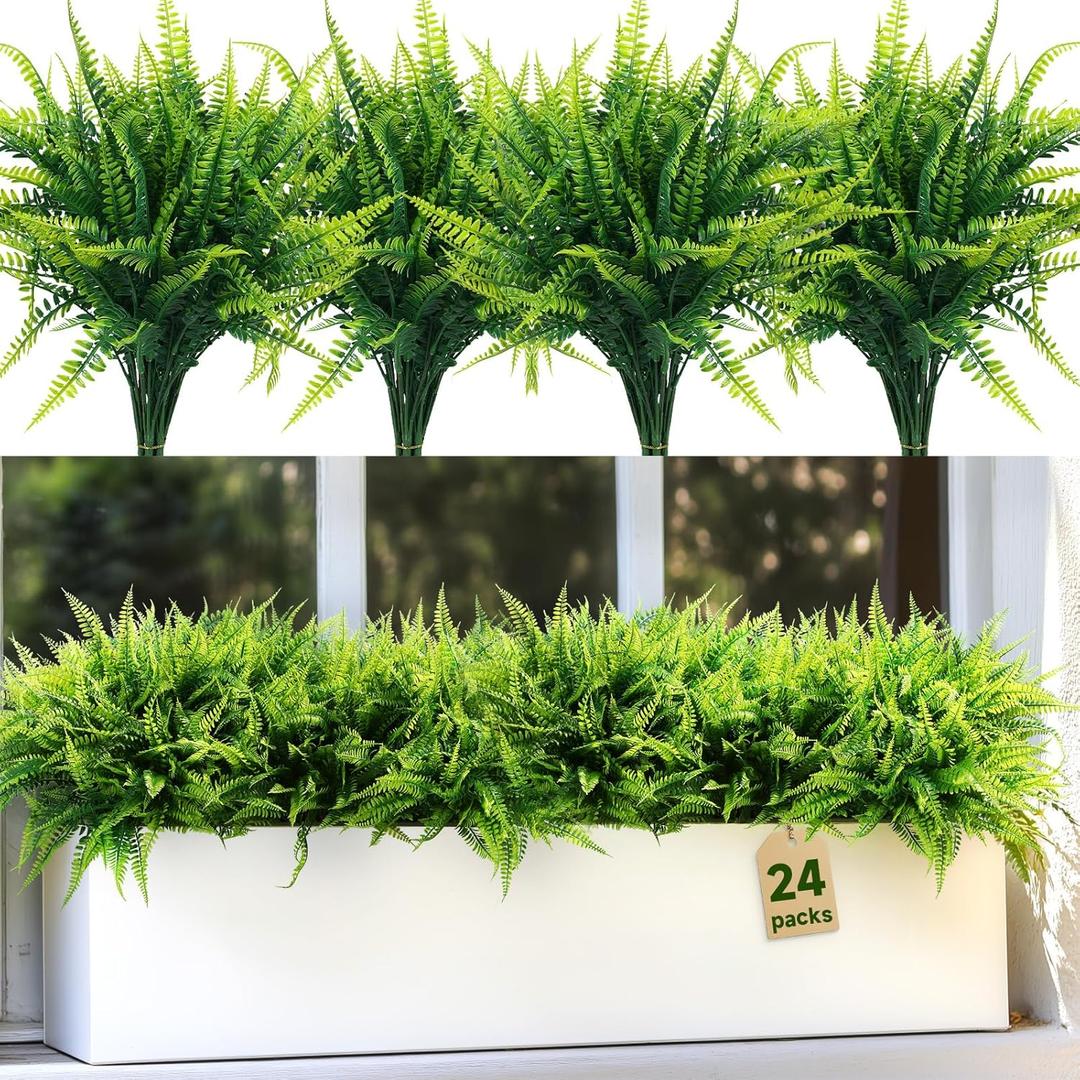 24 Bundles Artificial Plants Outdoor, Fake Boston Ferns Greenery UV-Resistant Faux Shrubs Plastic Stems for Porch Garden Patio Window Office Entrance Bathroom Planters Indoor Outside Decor
