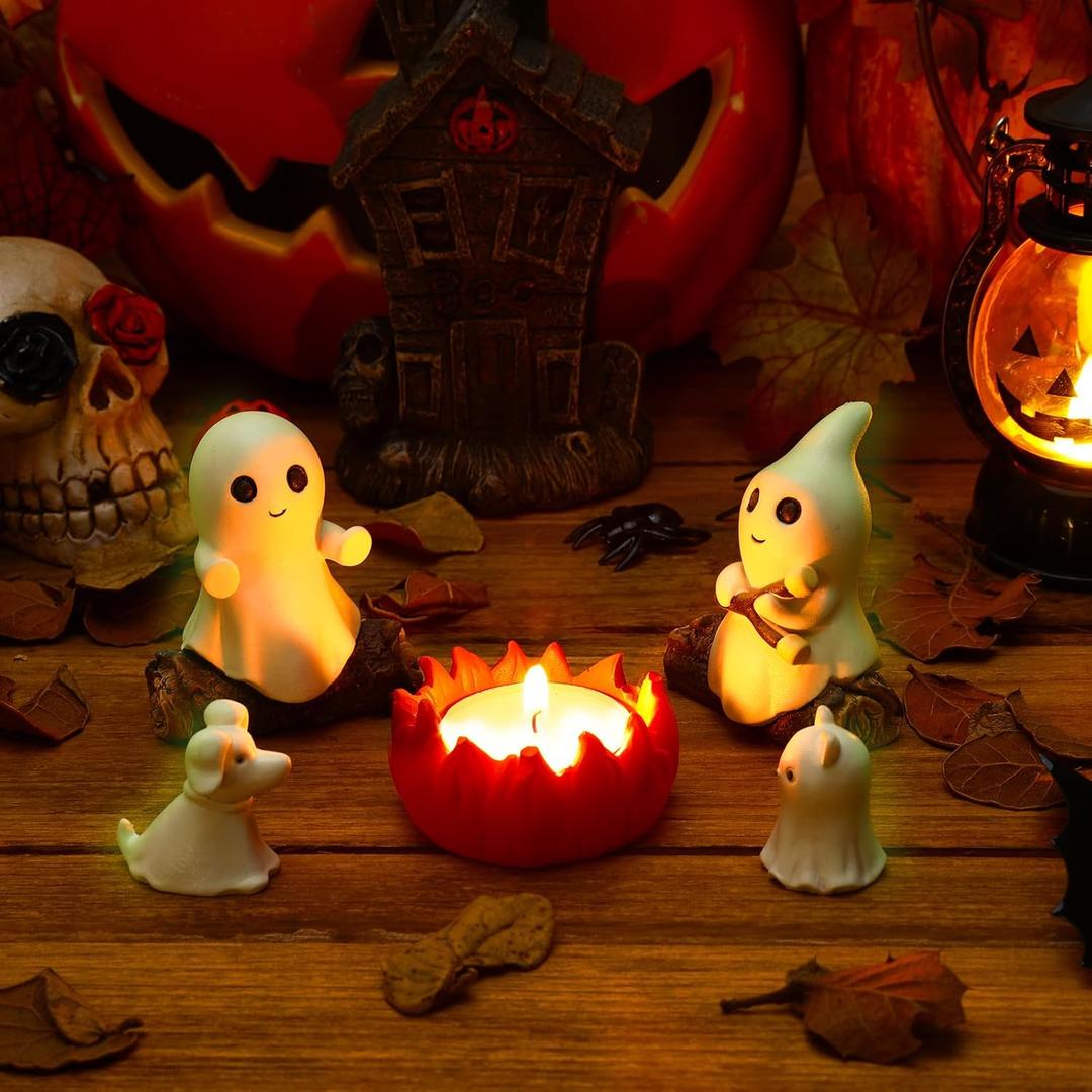 Glow-in-The-Dark Ghost Campfire Gathering, Cute & Cozy Halloween Ghost Figurine Set | 2 Ghosts, Ghost Dog, Ghost Cat and Tea Light Holder | Resin Ghost Statue for Home, Mantel, Shelf, Desk
