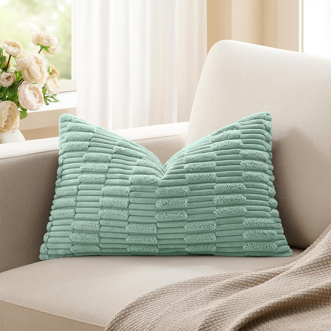 Kevin Textile 14x24 Inch Lumbar Pillow Cover 1 Pack Soft Plush Stripe Decorative Rectangle Cushion Elegant Double-Sided Corduroy Texture Pillow Cover for Couch Sofa Chair Bed Home Decor, Dusty Green