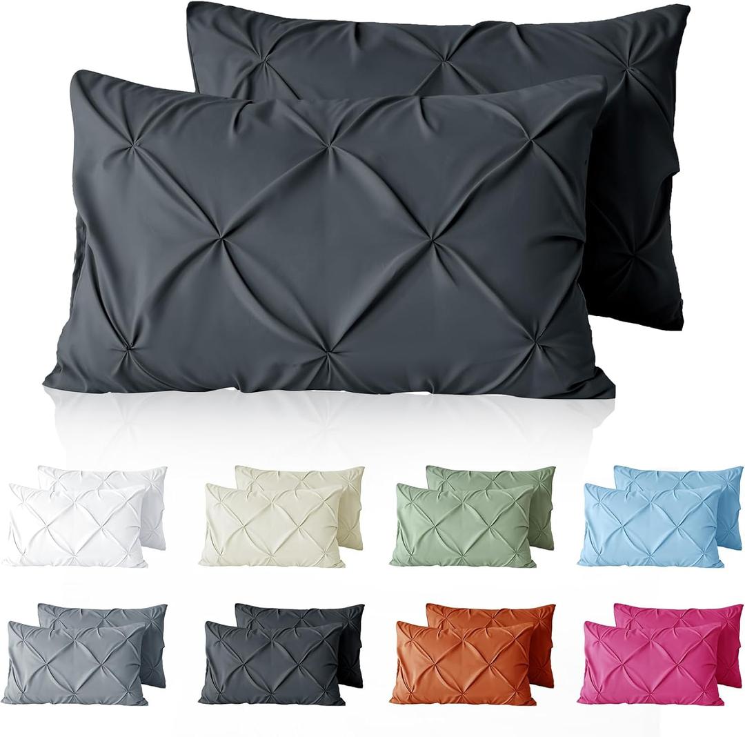 VACVELT Pintuck Pillow Cases Queen Size Set of 2, Charcoal Black Pillow Shams Decorative Pillowcases with Envelope Closure, Pinch Pleated Microfiber Pillowcases, Wrinkle and Stain Resistant