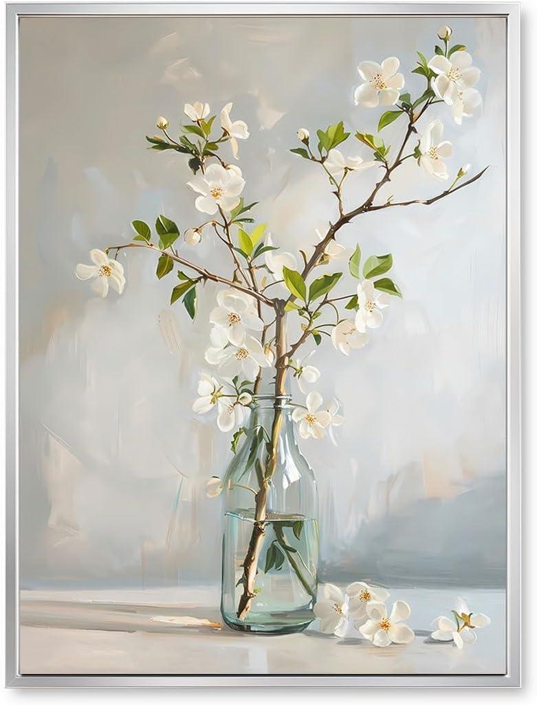 daktenn Floral Canvas Wall Art Bathroom Wall Art Pictures Wall Decor Home Decor Wall Decor for Bedroom Livingroom (Silver Framed, 18" x 24")