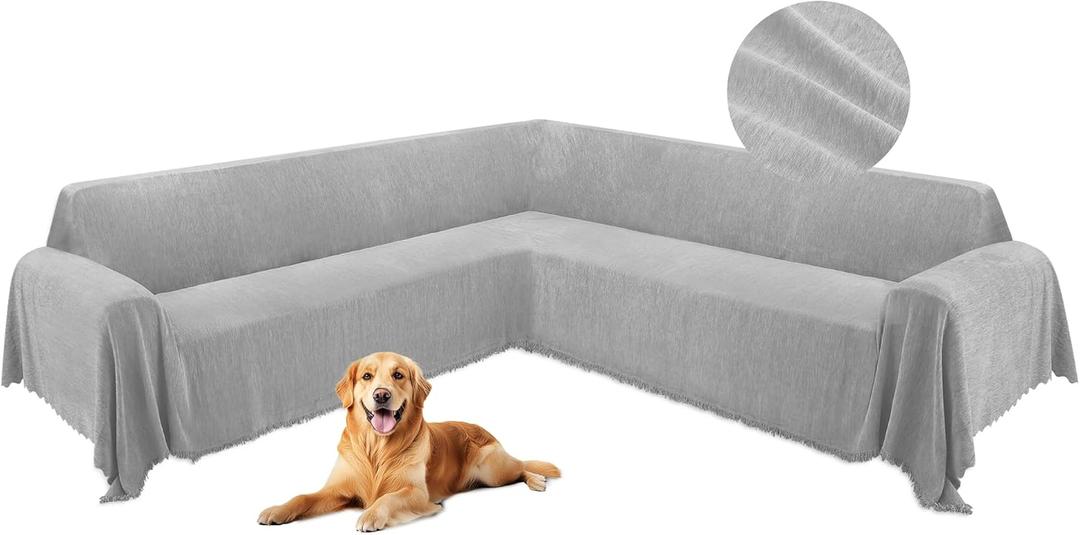 HDCAXKJ Corner Sectional Couch Covers for Dogs L Shape Sofa Cover with Tassel Chenille Super Soft Non Slip U Shaped Couch Cover Blanket Washable Sectional Slipcovers Protector (Ash Gray, 91x252 inch)