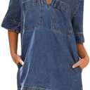 chouyatou Women's Summer Loose Fit V-Neck Sexy Mini Denim Dress Cute Jean Tunic Dress with Pockets Large, Dark Blue