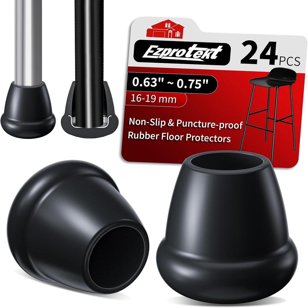 Ezprotekt 3/4" Rubber Chair Leg Caps, 24 Pcs Round Non-Slip Chair Leg Floor Protectors, Furniture Stool Leg Feet Covers for Bar, Tables, Patio Metal Legs, Black (Fit: 0.63" - 0.75")
