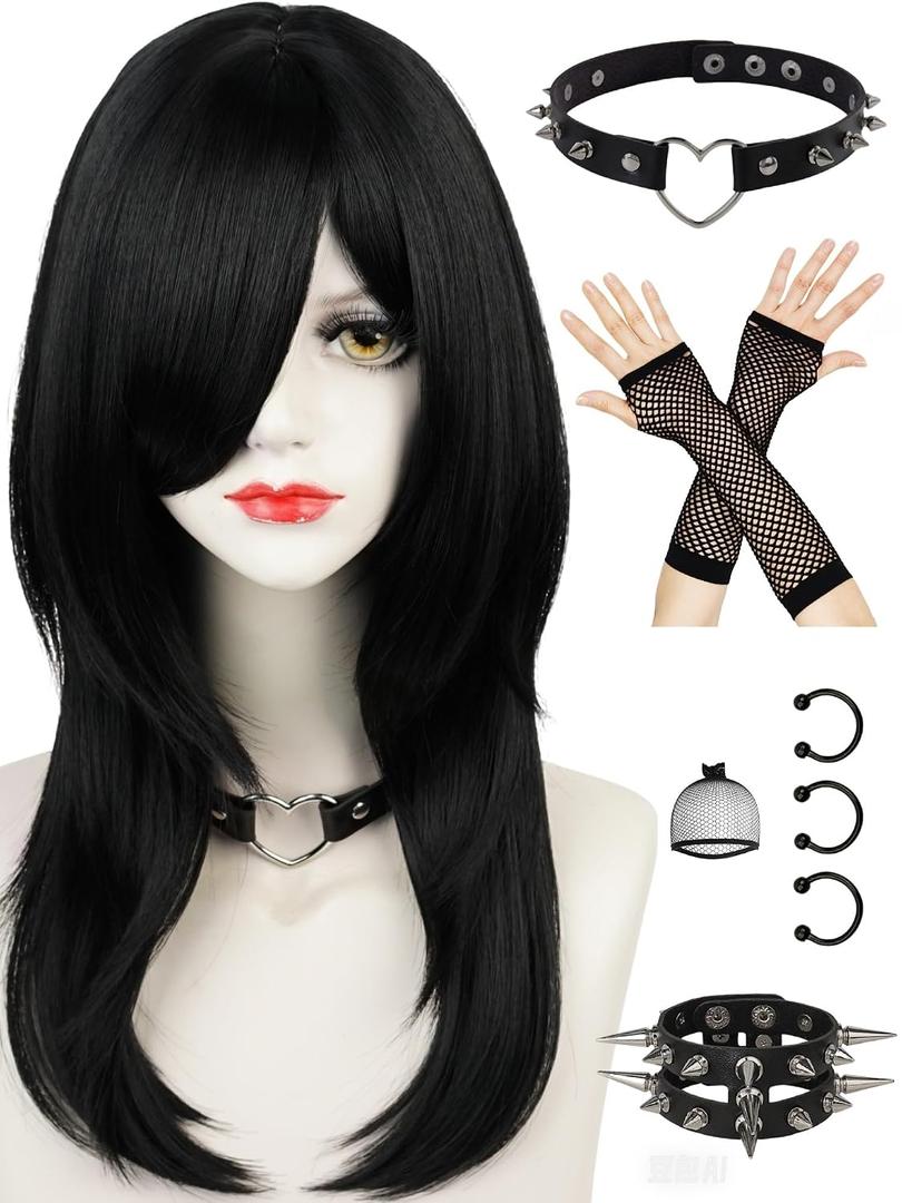 Half and Half Emo Costume Scene Wig Set Black Cosplay Anime Wig with Side Part Bangs 21.6'' Synthetic Hair for Women Halloween Party