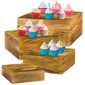 Roowest Set of 4 Wood Display Risers Rustic Cupcake Stand Rustic Wood Cake Stands Wooden Stackable Display Box for Dessert Wedding Birthday Christmas Village Party Decoration, Rustic Brown 