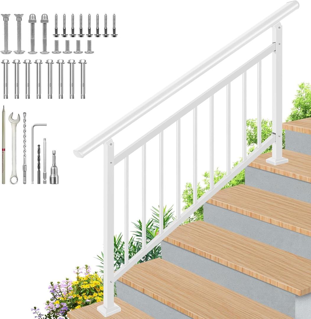 Upgrade White Adjustable 5 Steps Handrail, 65"x38" Stair Railing Kit, Railings for Stairs Indoor and outstair, Hand Rails for Porch Railing, Deck Hand Railing, 5 Steps Handrails for Outdoor Steps