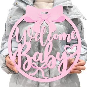 Pink Bow Baby Shower Decorations for Girl Welcome Baby Wooden Sign Coquette Baby Shower Party Decorations Pink Bow Wooden Sign Photobooth Props for Gender Reveal Party Supplies