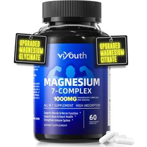 Magnesium 7 Complex Supplement Advanced with 7 Forms of Magnesium (Glycinate, Malate, Chelate, Aspartate, Orotate, Taurine, Citrate), Zinc, Vitamin D3 & Vitamin B6 for Sleep & Muscle, 60 Capsules, Exp 02/2029
