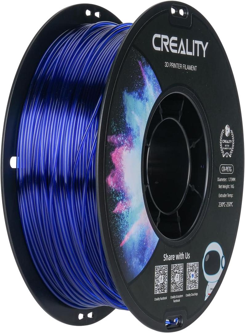 Creality PETG 3D Printing Filament 1.75mm, Excellent Toughness High Precision, Odorless Non-Toxic Moistureproof, 1kg(2.2lbs) Glossy PETG Filament for 3D Printer (Transparent Blue)