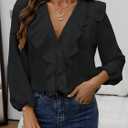 GORGLITTER Women's Ruffled Top Blouses Dressy Business Casual Button Up Long Sleeve V Neck Shirts Work Office Outfits (L)
