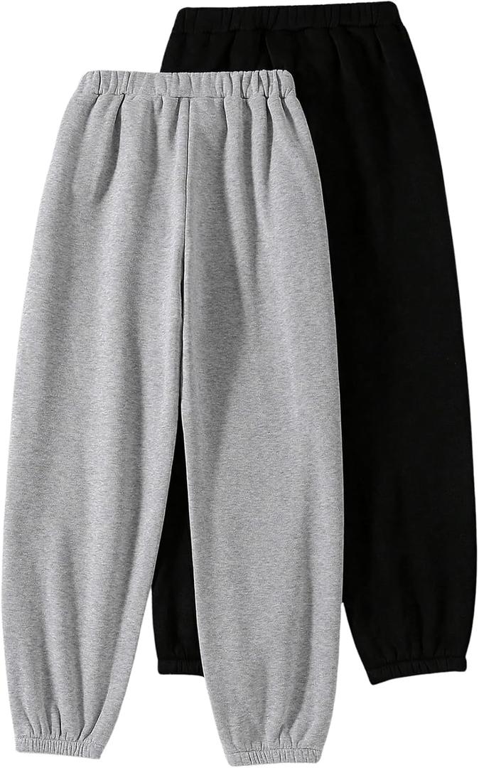 SOLY HUX Girl's Elastic Waist Sweatpants Casual Thermal Lined Jogger Pants with Pockets 2 Piece Set (11 Years, Grey and Black)