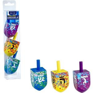 Rite Lite Splash Wooden Colorful Dreidel Set of 3 Chanukah Painted Wooden Dreidels - Hanukkah Party Games Gifts Jewish Games Bulk Multicolor Draydel Pack with Hebrew Lettering Hours of Fun!
