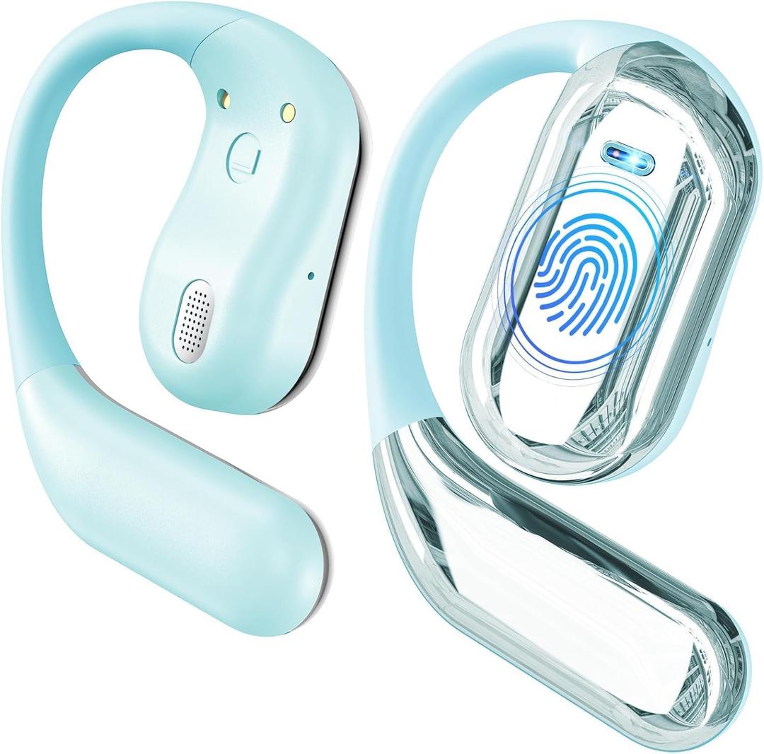 EUQQ Open Ear Bluetooth 5.4 Earbuds, Sport Over Earphones Wireless Headphones Built-in Mic with Ear Buds LED Display, Touch Control, IPX7 Waterproof Hook Design 50Hrs Playtime for Sports, Light Blue