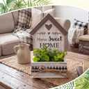 Geelin Artificial Eucalyptus Table Centerpiece Home Sweet Home House Shaped Wooden Block Sign Farmhouse Rustic Decor for Desk Table Shelf Kitchen, New House Decoration, Housewarming Gift