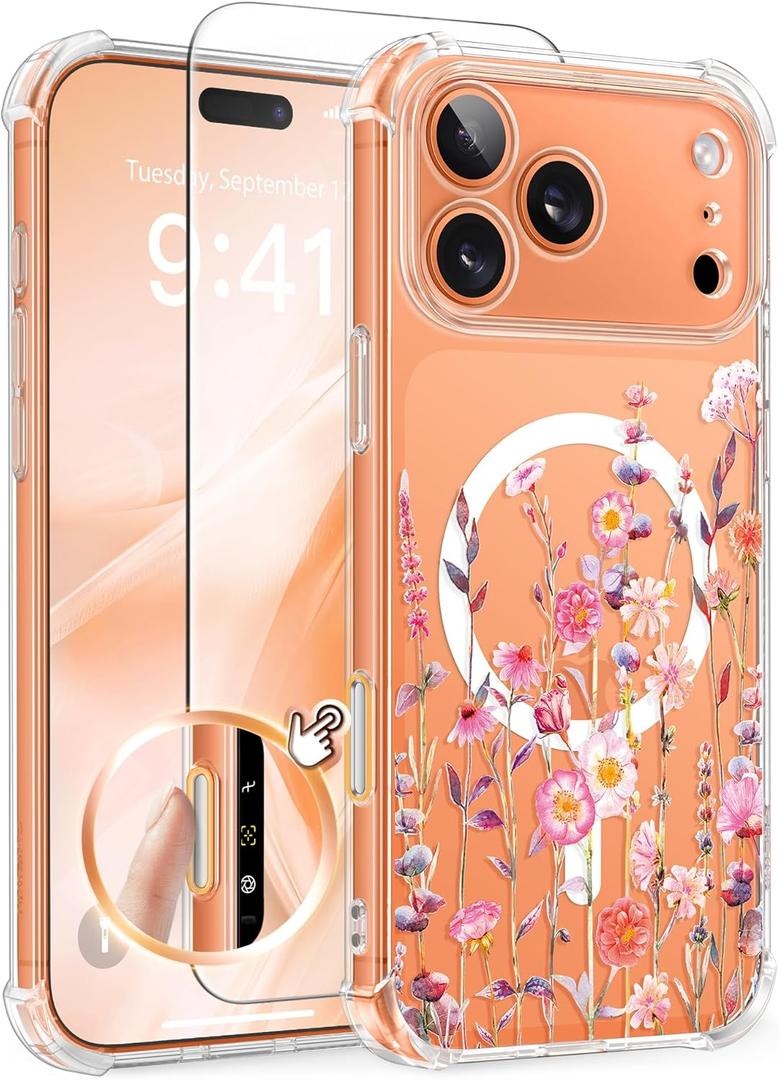 GVIEWIN for iPhone 17 Pro Case Compatible with MagSafe, with Screen Protector Upgraded [Full Camera Protection] [Non Yellowing] Floral Slim Shockproof Clear Women Phone Cover (Floratopia/Colorful)