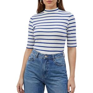 Zengjo Womens Striped Shirt Mock Neck Elbow Length Slim Fitted Short Sleeve Ribbed Turtleneck Tops (Large, White Blue Striped)