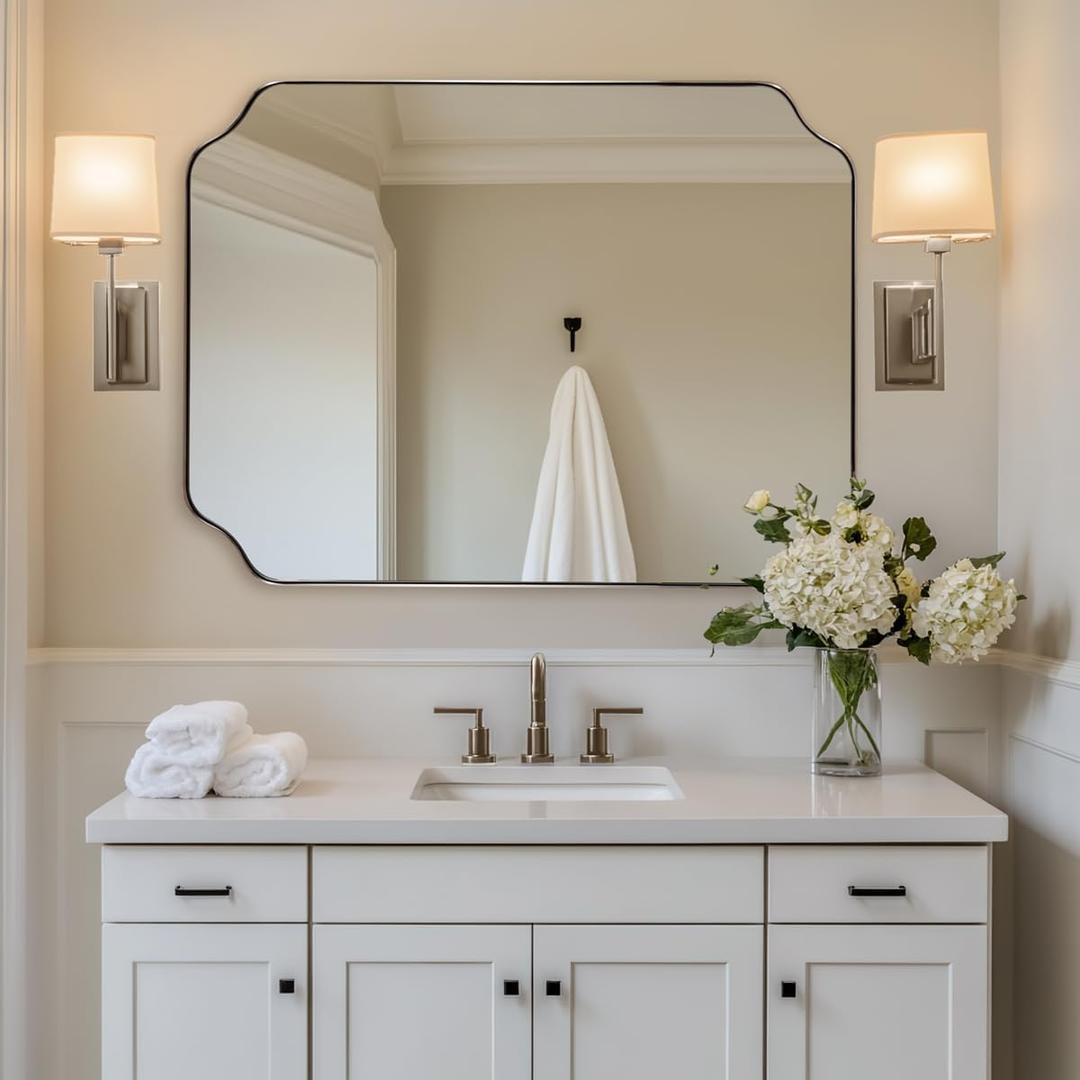 ANDY STAR Brushed Nickel Mirror 30x40 Inch, Rectangle Bathroom Mirror for Wall, Large Scalloped Wall Mirror in Anti-Rust Stainless Steel Metal 1’’ Frame, Wall Mounts Horizontally or Vertically