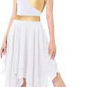 Liturgical Praise Dance Dresses for Women Adult Lyrical Dance Dress Modern Contemporary Costumes Worship Sleeveless Metallic Color Block Irregular Hem Chiffon Flowy Midi Dress Dancewear White XS