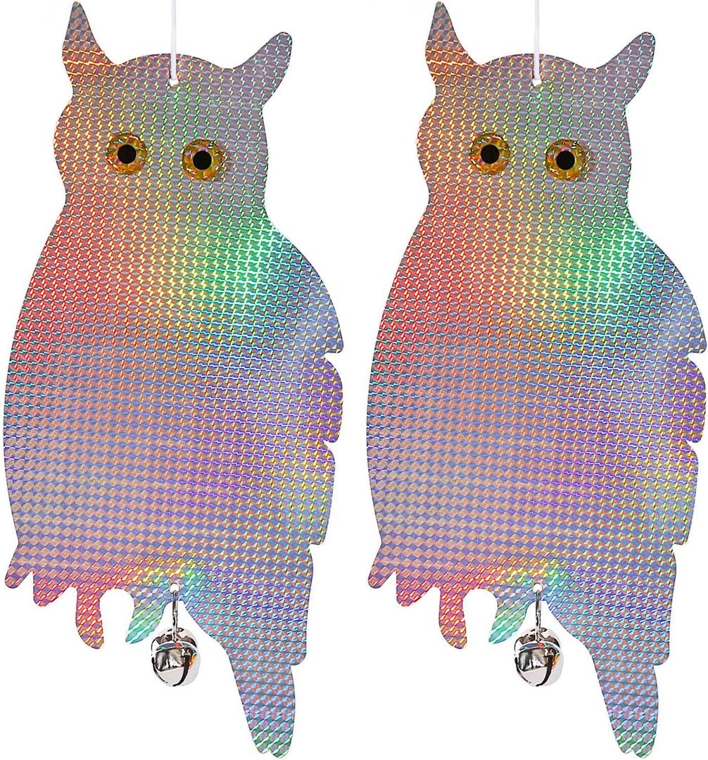 Dyvicl Fake Owl Hanging Reflective Owl Woodpecker Bird Deterrent Control Device for House Windows Outdoor Garden Yard, 2 Pack