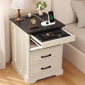 Yusong Farmhouse Night Stand with Gun Drawer & Invisible Lock, 25" Tall Bedside Table with Charging Station, End Table with Open Shelf for Bedroom Room (Black) (White-Black), 18.11" W x 18.11" L x 24.79" H