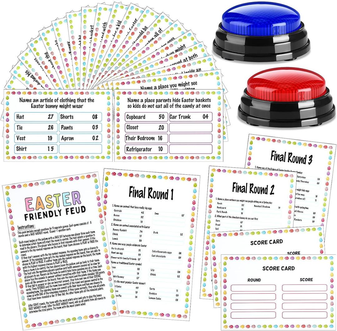 Soulchen 30 Pcs Easter Friendly Feud Games with 2 Buzzers for Family Game Night Fun Trivia Quiz for Party Office Class Groups Team