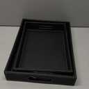 Juvale 2 Pack Slip-Resistant Black Wooden Nesting Serving Trays with Stitched Faux Leather and Handles for Coffee Table in 2 Sizes (13.8x9.9x2.3, 15.8x12x2.5 in)