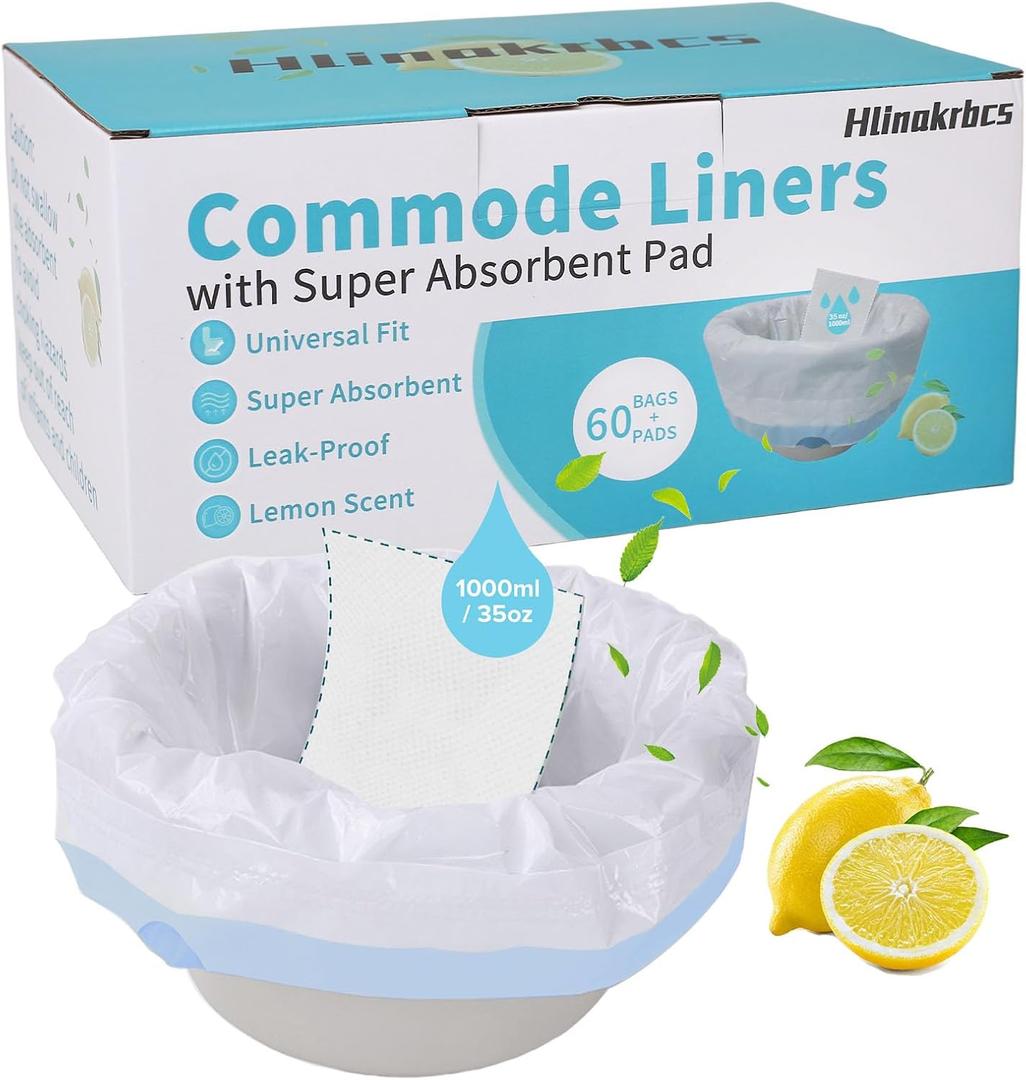 60 Pack Commode Liners with Absorbent Pads(Lemon Scent),Bedside Commode Liners Disposable for Portable Toilet,Adult Commode Chair Bucket & Porta Potty,Camping Toilet Bags