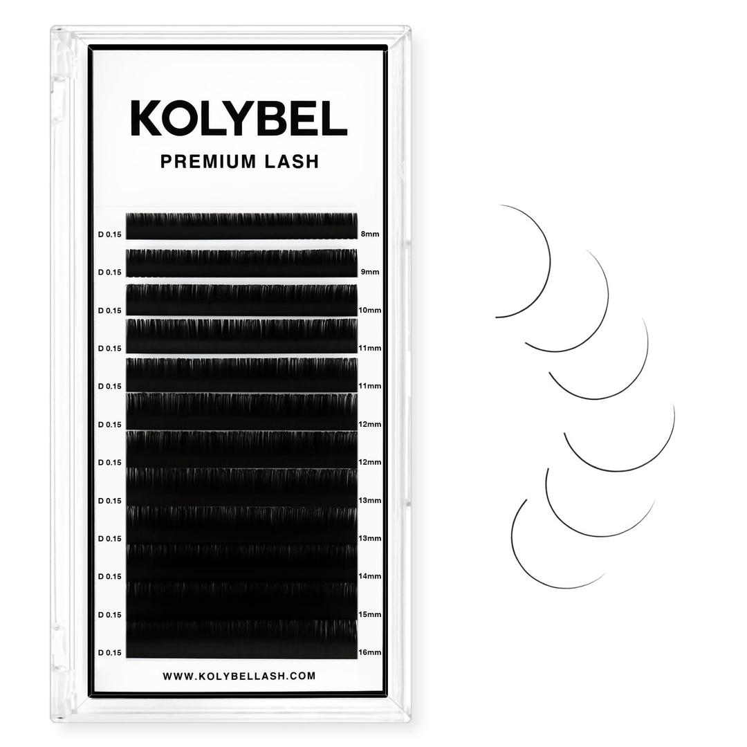 3 x KOLYBEL Classic Lash Extensions 0.15 C CC D DD J B L Curl 8-16mm Mixed Lash Trays Premium Silk Eyelash Extensions Matte Dark Lash Extension for Professional Salon Use (0.15-D-8-16mm)