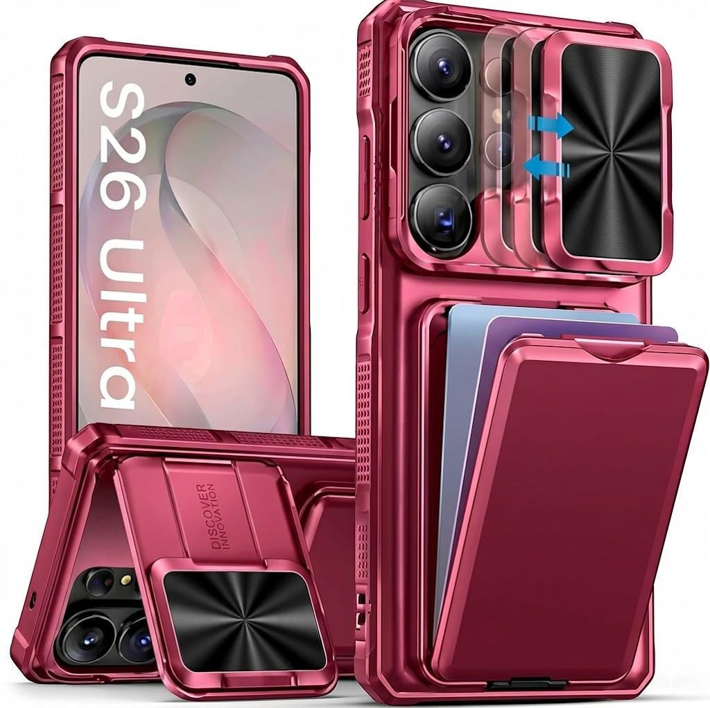 SSLOTSCASE for Samsung Galaxy S26 Ultra Case with Card Holder & Kickstand & Slide Camera Lens Cover & Camera Stand & Wallet, Military-Grade Drop Protection Phone Case Cover for S26 Ultra 2026, Pink 