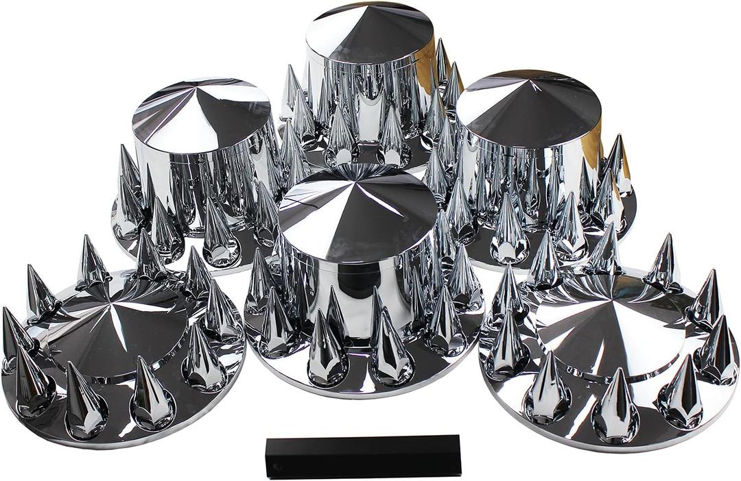 ABS Chrome Plastic Complete Axle Cover Kits with 33mm Thread-on Nut Covers for Semi Trucks in Sets (Spiked), 33 millimeters