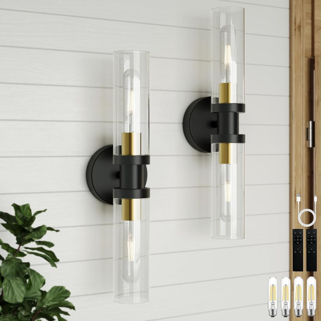Rechargeable Battery Wall Sconce Set of Two, 10000mAh Wireless, Dimmable, Timer, Remote, Touch Control, 3000K, USB-C Charging for Living Room, Bedroom Black Gold (Include 4 Special Bulbs)