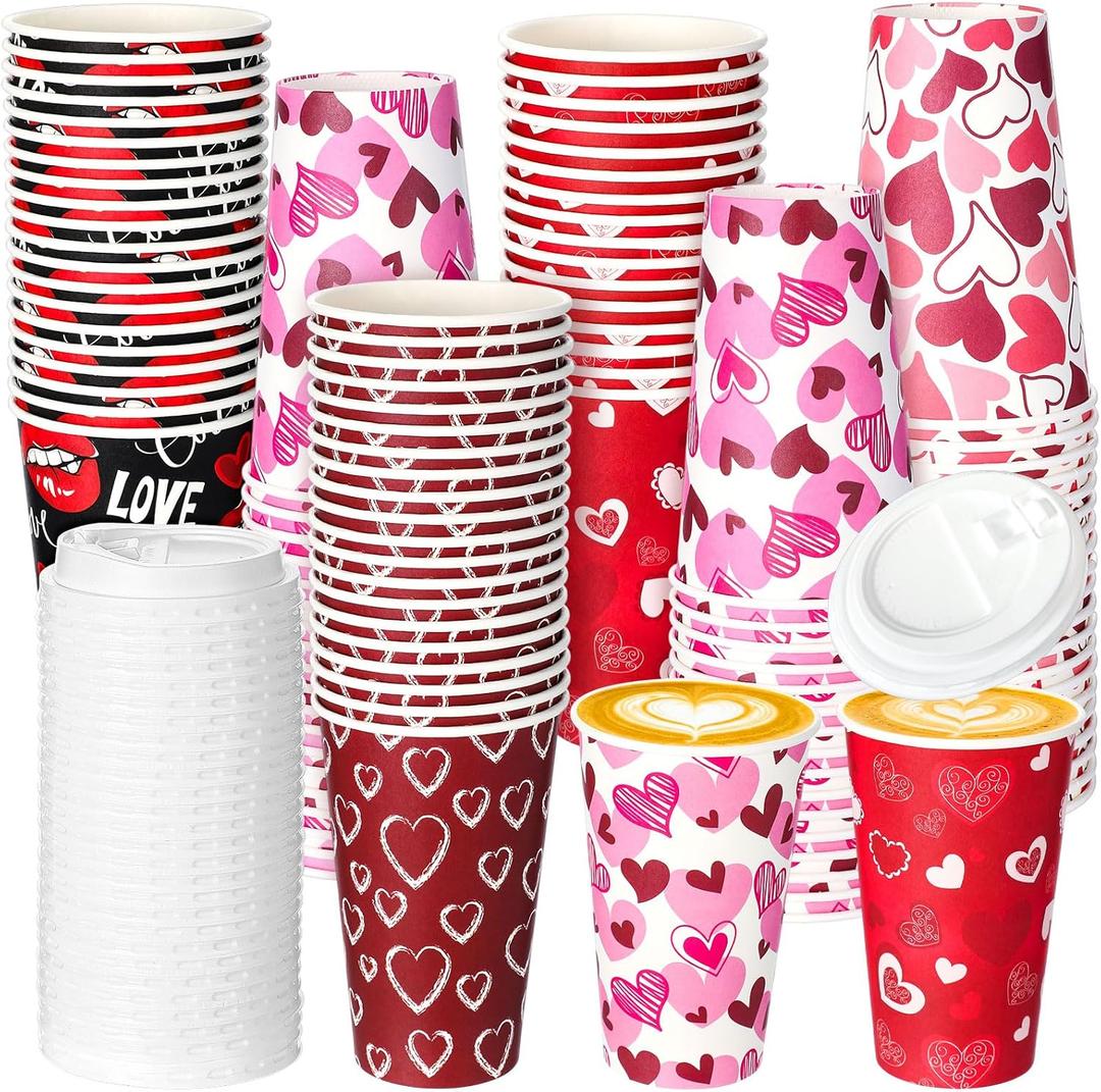 100 Pcs Valentine's Day Disposable Coffee Cups with Lids, 16 oz Red Pink Heart Paper Cups Disposable Hot Cocoa Cup for Hot Chocolate Coffee Beverage Valentines Party Supplies, 5 Styles