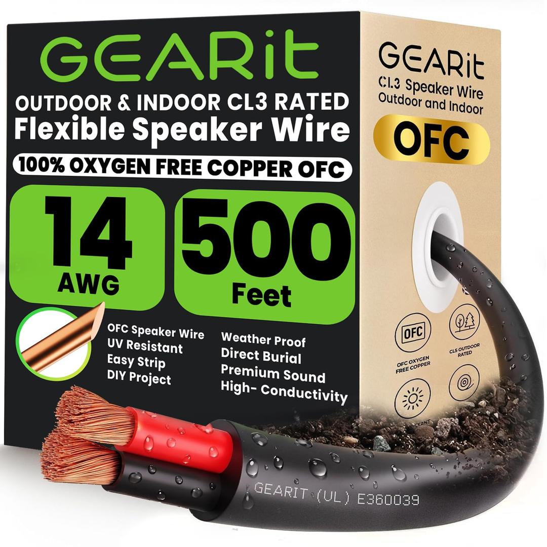 GEARit Speaker Wire 14 Gauge OFC 500 Feet,UL CL3 Rated 14 Gauge Wire,Copper Wire with Polarity Mark,Audio Cable for in-Wall,Home,Car,Outdoor,Garden,Commercial Audio Systems,OFC(Black,2-Conductors)