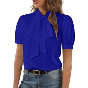 Rooscier Women's Bow Tie Neck Short Sleeve Elegant Office Workwear Blouse Shirt Tops (X-Large, Royal Blue)