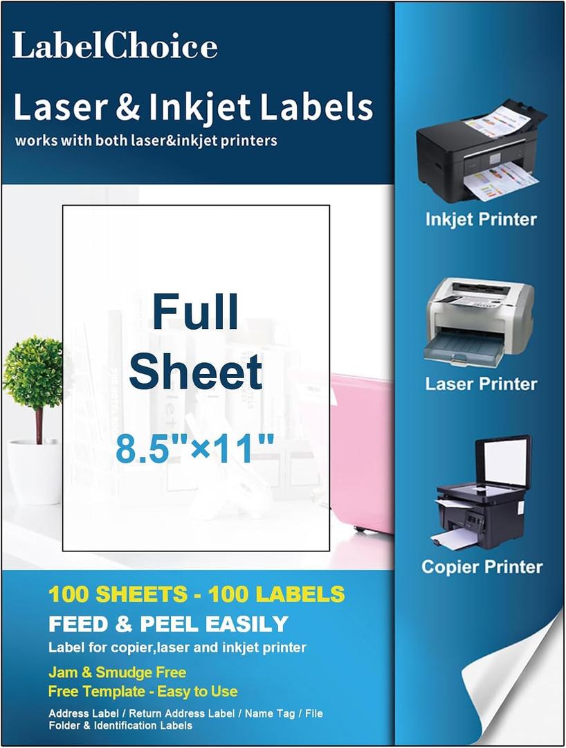 Full Sheet Shipping Labels 8.5 x 11 for Laser & Inkjet Printers, 100 Sheets 100 Labels Self Adhesive Full Sheet 8 1/2x11 Labels, Mailing Label Sheets for Printer, Full Page Shipping Labels