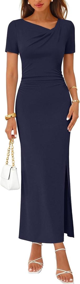 MEROKEETY Women's Summer Short Sleeve Maxi Dress Elegant Ruched Side Slit Formal Wedding Guest Cocktail Prom Dresses (Blue, L)