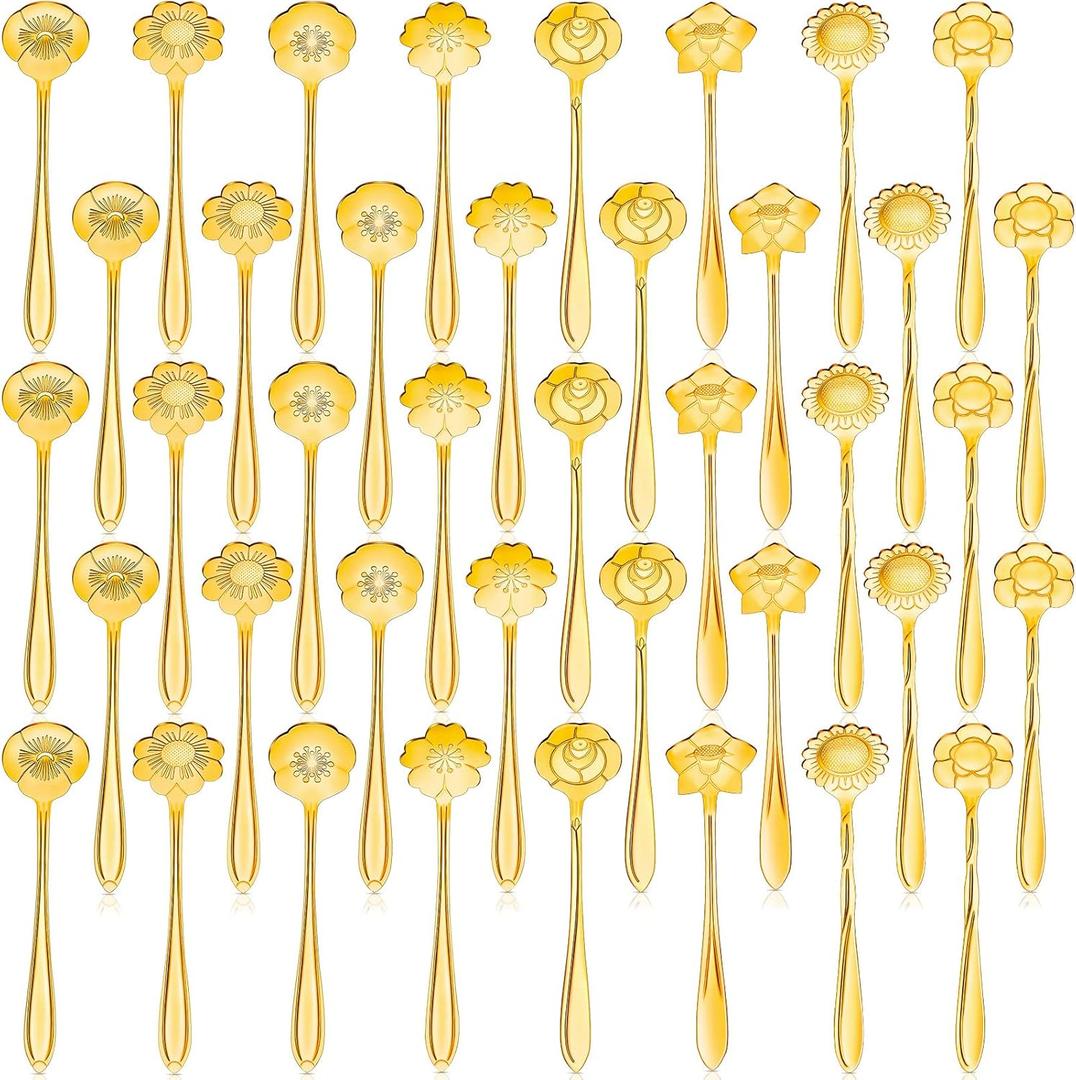 Eboot 40 Pcs Gold Flower Teaspoon Stainless Steel Tea Party Spoons Mini Cute Teaspoon for Stirring Coffee Sugar Drink Demitasse Kitchen Cafe Bar Tableware Party Favors Decor