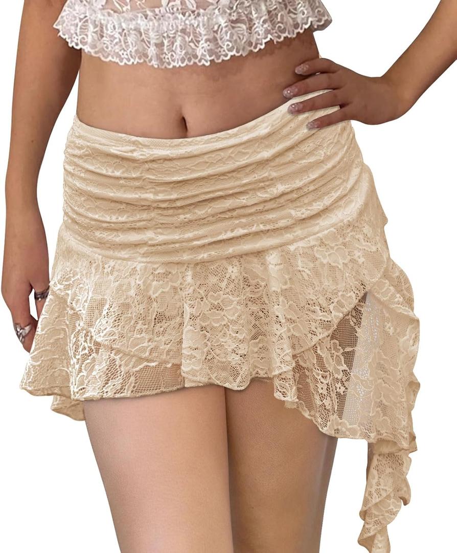 Kolagri Women Y2K Lace Mini Skirt Low Rise Pleated Ruffle Short Skirts Layered Flowy Asymmetrical Fairy Half Slip Skirt (Medium, Beige)