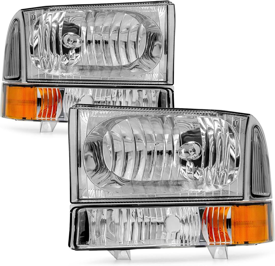 Headlights Assembly for 1999-2004 Ford Super Duty F250 F350 F450 F550 | 2000-2004 Ford Excursion with Corner Bumper Set Chrome Housing Amber Reflector Replacement Pair