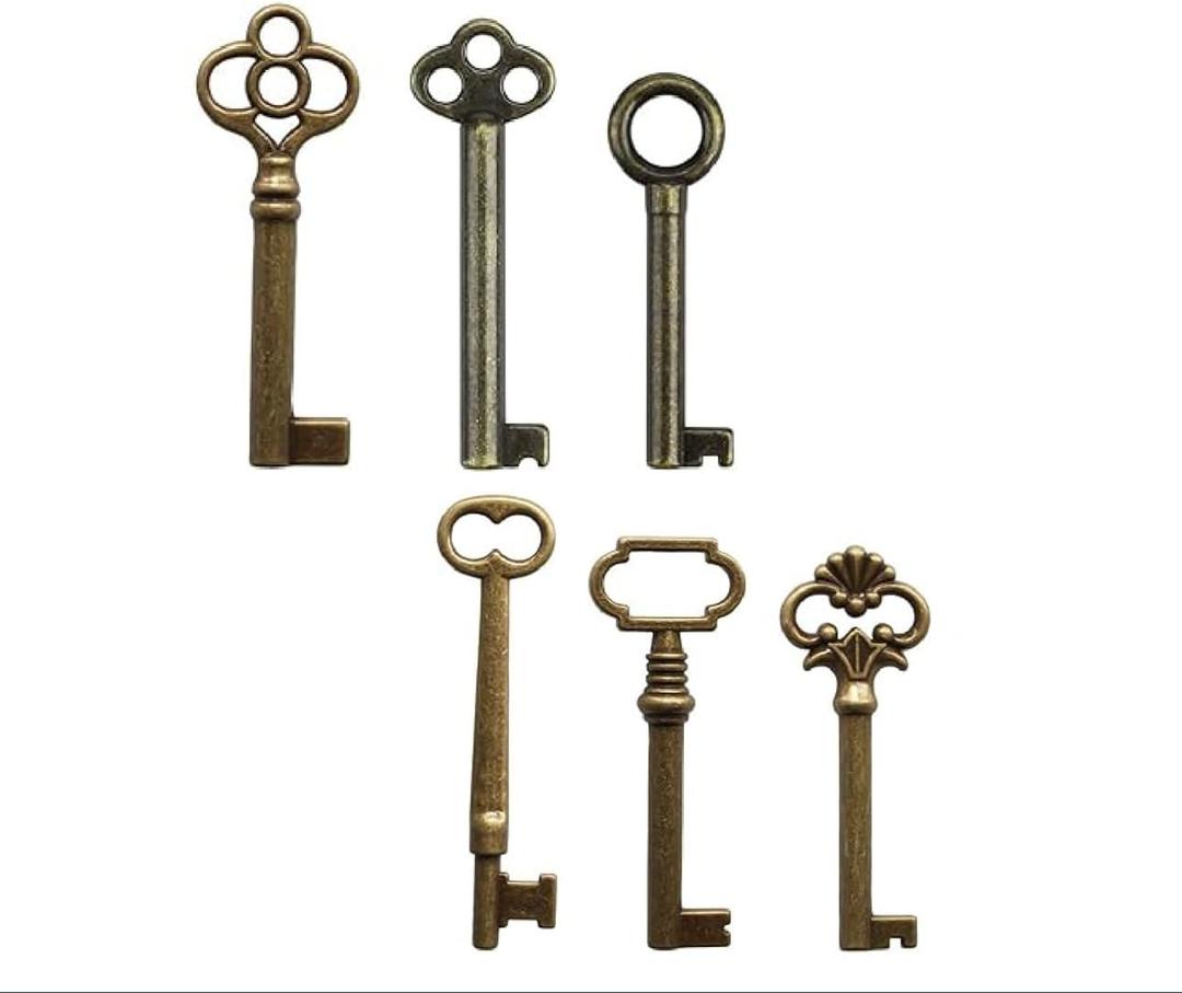 6-PCS Skeleton Brass Key Set, Antique Brass Plated Hollow Barrel Skeleton Keys, Perfect Replacement for Antique, Vintage & Modern Furniture
