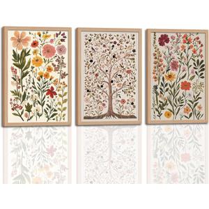 3pcs Neutral Framed Wildflower Wall Art Tree of Life with Birds Poster Colorful Floral Wall Decor Vintage Flower Art Prints for Living Room Bedroom Bathroom 16x24 In