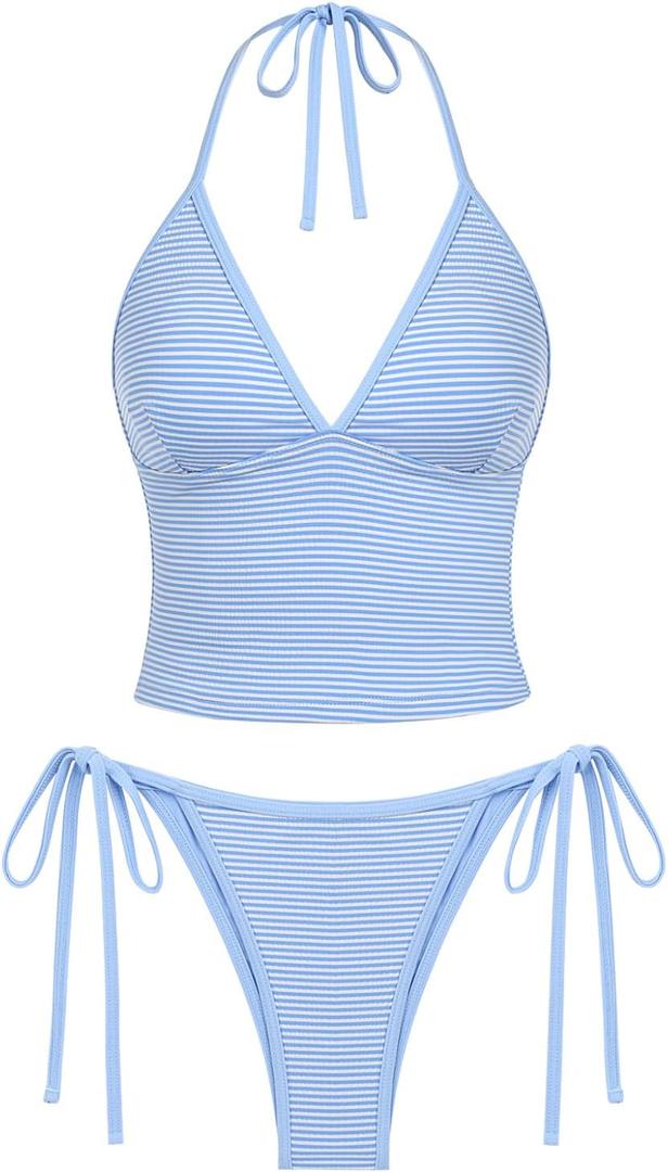 seamoly Women's Tankinis Striped Halter String Tie Side 2 Piece Tankini Sets Swimsuit (Medium)