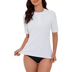 Tournesol Women's Rash Guard Short Sleeve Swim Shirt Quarter Zip Swimsuits Tops UPF 50+ Swimwear Top Bathing Suit Top White, S
