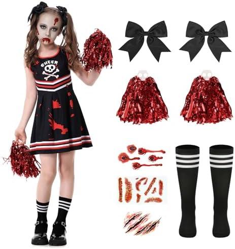 CIRCKOPS Halloween Cheerleader Costume for Girls, Zombie Cheer Uniform Outfit, Scary Cheerleading Costume for Party Dress Up 9-10Y