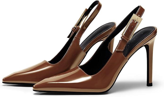 Coutgo Women's Slingback High Heels Pointed Toe Stilettos Metal Buckle Dress Party Pump Shoes, Brown, Size 8