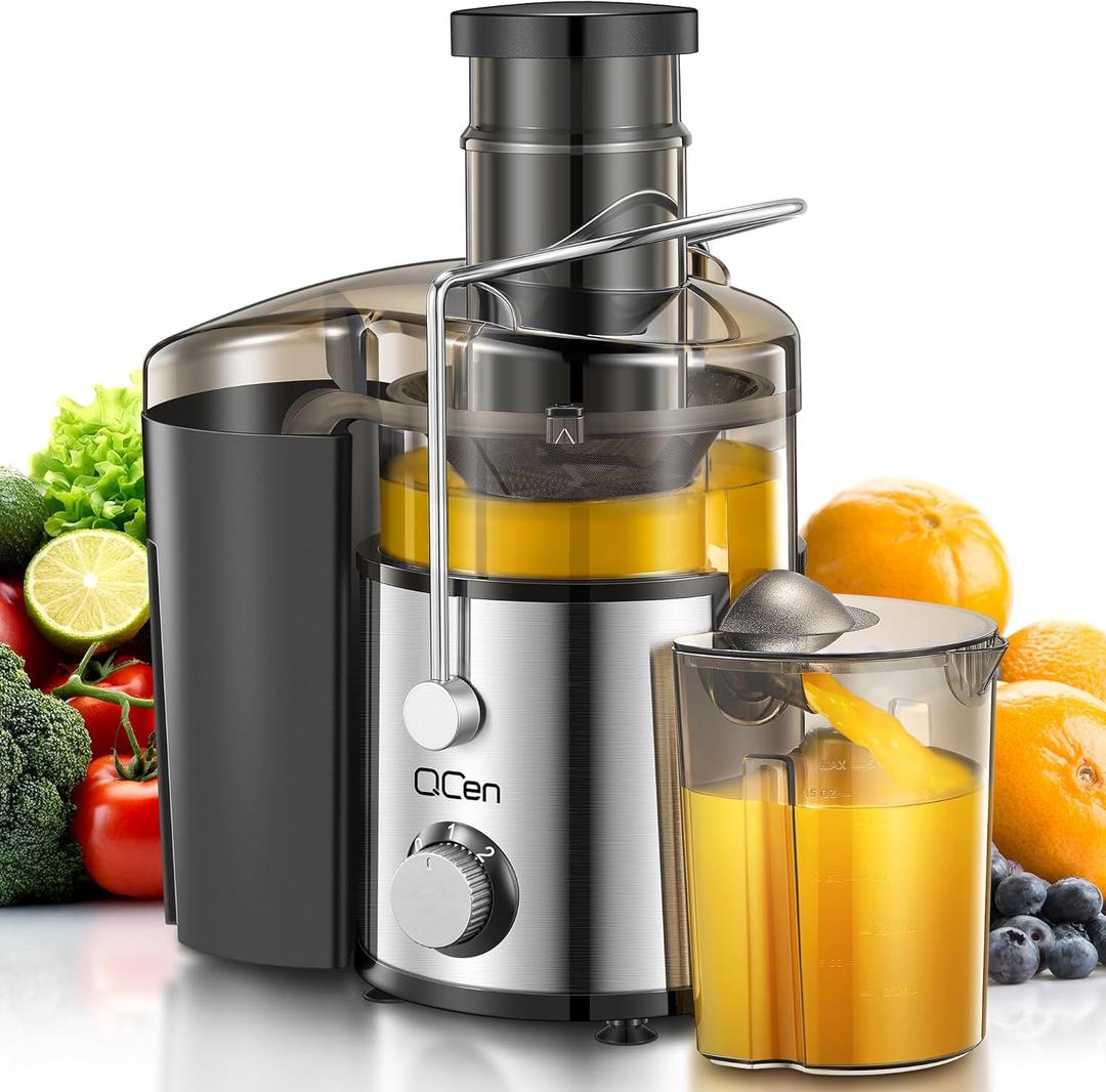 QCen Juicer Machine, 800W Centrifugal Juicer Extractor with 3 Wide Mouth Feed Chute for Fruits & Vegetables, Easy to Clean, Stainless Steel, BPA-Free (Silver)