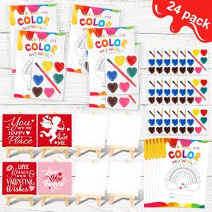 24 Sets Watercolor Paint Sets for Valentine's Day Gifts Includes 24 Valentine's Day Cards,Watercolor Paint and Canvas Panel with Wooden Easel Valentines Exchanges Gift Party Favor(Novel Style)