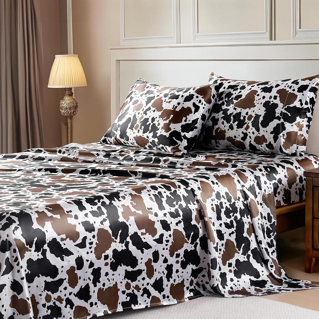MR&HM Satin Bed Sheets with Elastic Corner Straps, Queen Size Sheets Set, 4 Pcs Silky Bedding Set with 15 Inches Deep Pocket for Mattress (Queen, Cow Print)