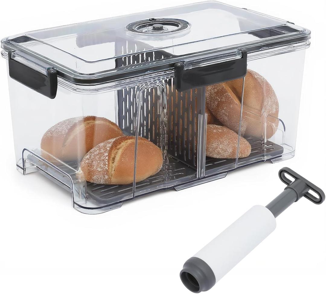 Bread Box for Kitchen Countertop,Kitchen Airtight Food Storage Containers,Large Bread Container Boxes with Vacuum Pump,Breades basket Storage Keeper with Time Recording & Draining Basket